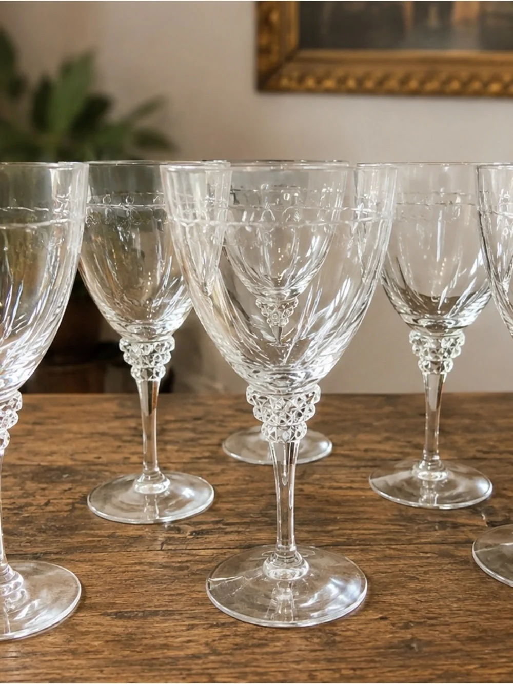 Vintage Clear Etched Crystal Wine Goblets Set of 8 Diamond Stem Scroll Pattern